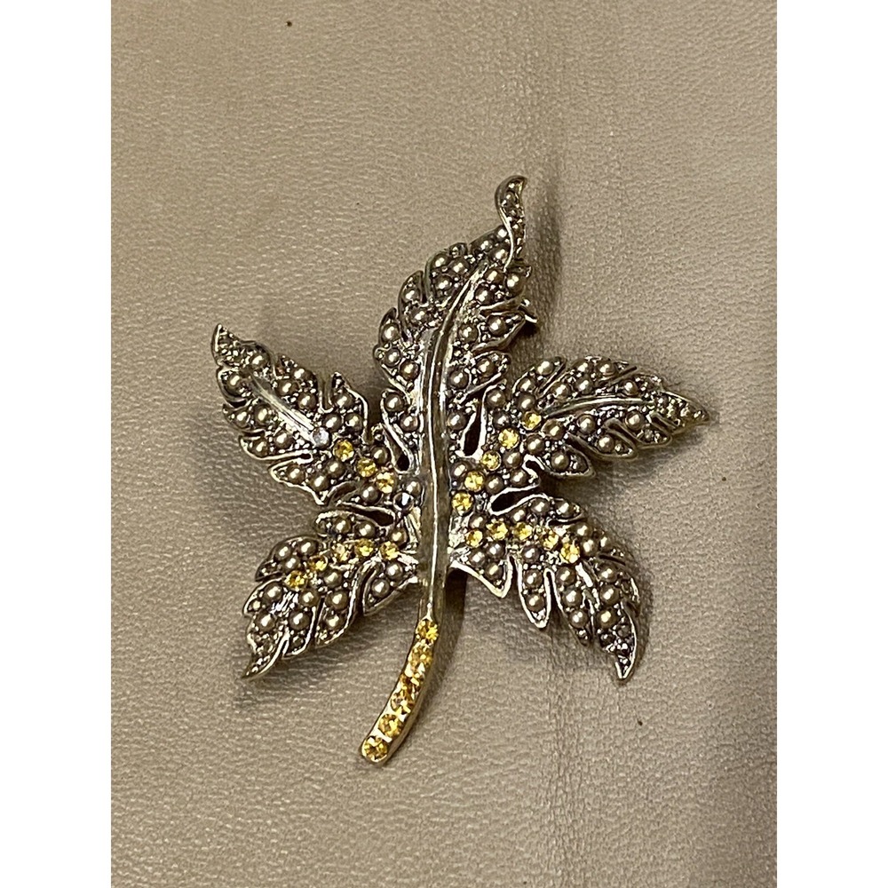 Vintage Monet Gold Tone Leaf With Yellow Crystals Brooch Signed Holiday Perfect